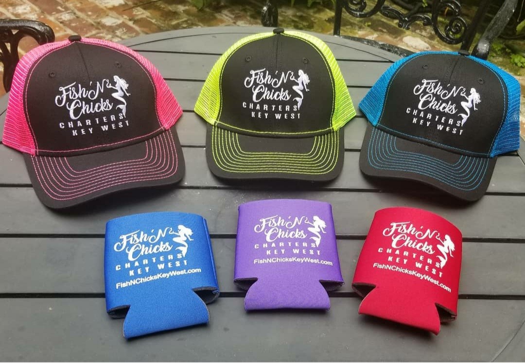 Neon mesh hats and koozies 